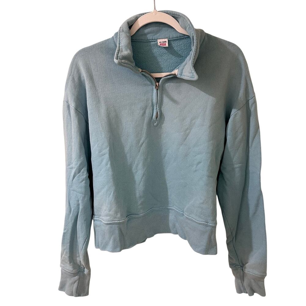 RE/DONE x Hanes Cotton Jersey Cropped Quarter Zip Sweatshirt Faded Sky, L